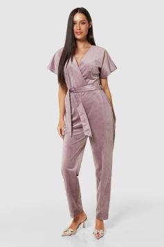 Blush Pink Velvet Wrap Straight Leg Jumpsuit