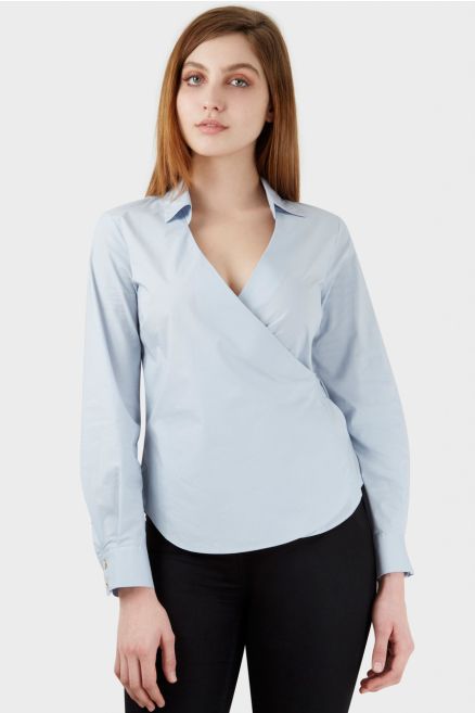 Blue Tie Wrap Over Long Sleeve Blouse