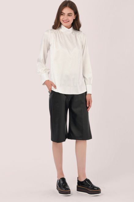 Ivory High Neck Gathered Jacquard Print Blouse