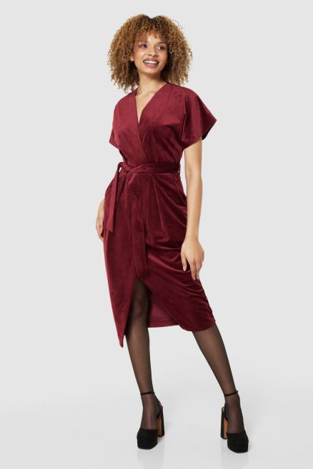  Burgundy Velvet Kimono Sleeves Wrap Pencil Midi Dress