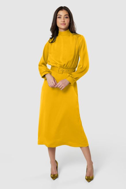 Mustard High Neck Midi Dress