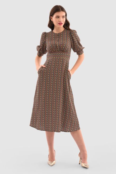 Rust Brown Print Short Puff Sleeve Midi