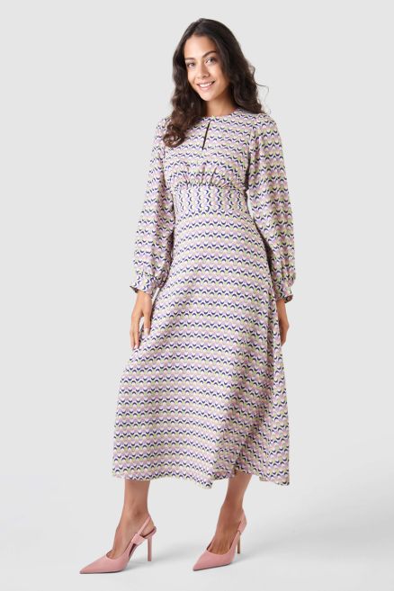 Purple Print Gathered Waist Puff Sleeve Midi Dress