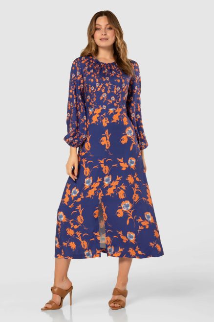 Blue Floral Print Gathered Neck Midi Dress