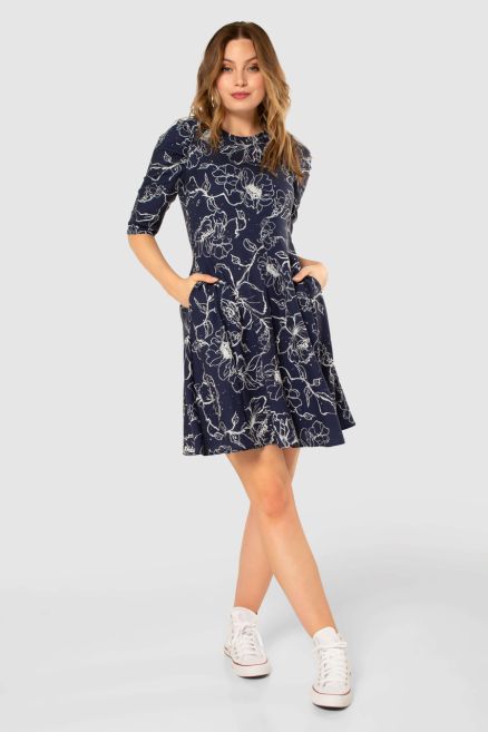 Navy Floral Print Gathered Sleeve Dress