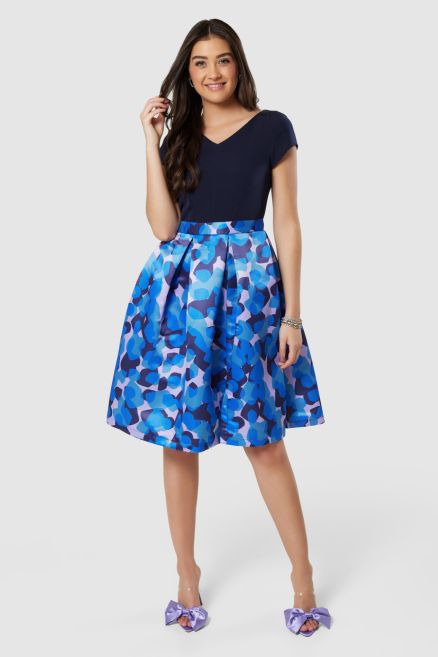 Navy Floral Print 2-in-1 Full Skirt Dress