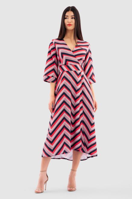Beige Print High-Low Wrap Midi Dress
