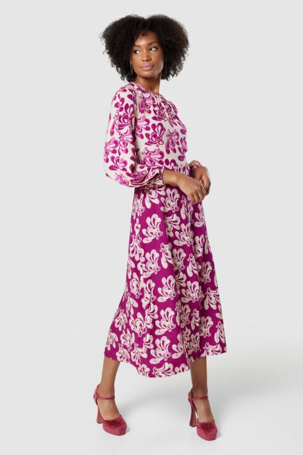 Magenta Pink Print Gathered Neck Midi Dress