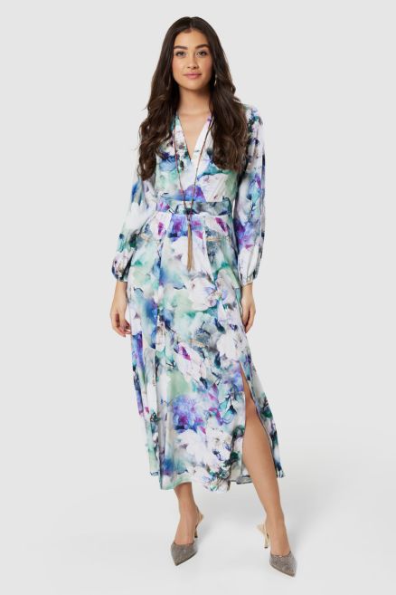 Blue Multi Floral Print Full Skirt Wrap Dress