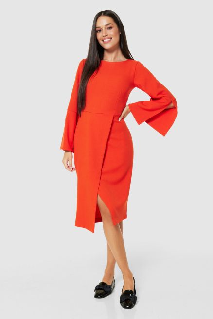 Orange Flared Sleeve Pencil Midi Dress