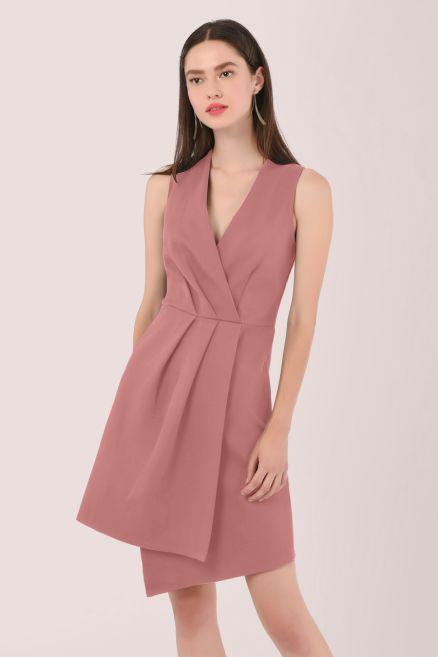 Pink Pleated Wrap A-Line Dress