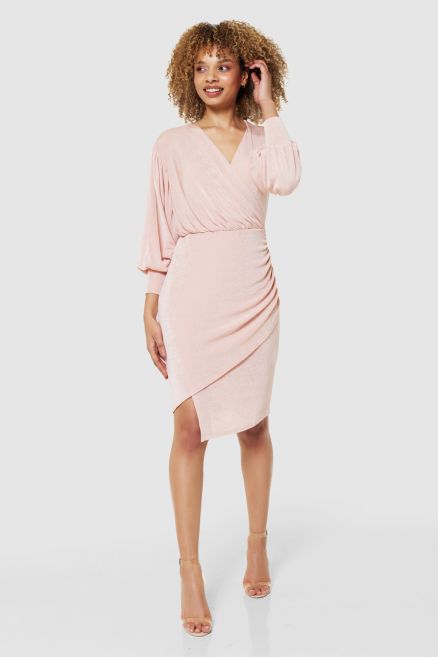 Pink Puff Sleeve Wrap Pencil  Mini Dress