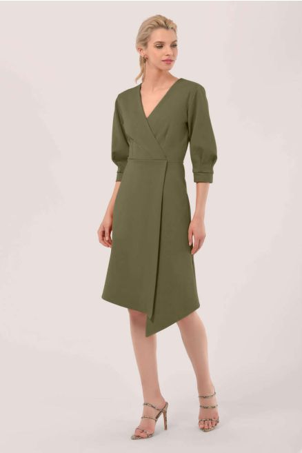 Khaki Green Pleated Sleeve Wrap Dress