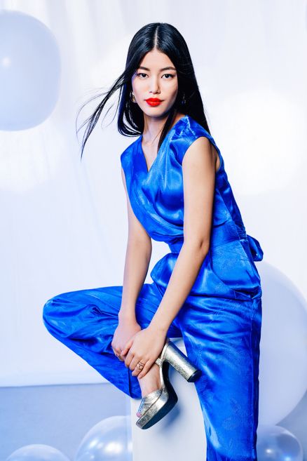 Blue Floral Jacquard Wrap Top Jumpsuit