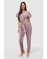 Blush Pink Velvet Wrap Straight Leg Jumpsuit